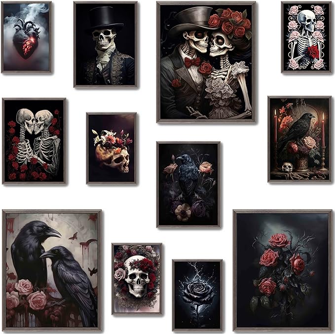 MAZUKO Romantic Gothic Wall Art, Gothic Home Decor, Wall Art Skull Poster, Halloween Prints Black Raven Wall Decor, Spooky Gallery Prints Moody Floral Aesthetic Pictures for Bedroom 12PCS - UNFRAMED (Gothic 2) - sugar skull canvas wall art
