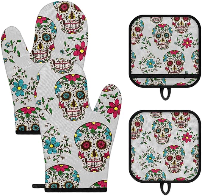 Death Sugar Skull Oven Mitts and Potholders, Non-Slip Heat Resistant Soft Lining Good Grip Oven Mitts Set for Cooking BBQ Baking Kitchen Microwave (4-Piece Set) - sugar skull oven mitts