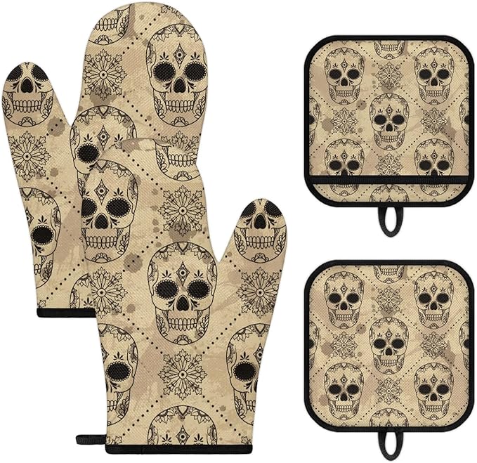 Vintage Sugar Skull Oven Mitts and Potholders, Non-Slip Heat Resistant Soft Lining Good Grip Oven Mitts Set for Cooking BBQ Baking Kitchen Microwave (4-Piece Set) - sugar skull oven mitts