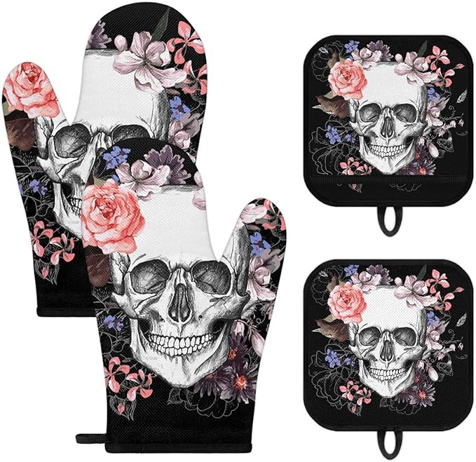 Death Sugar Skulls Oven Mitts and Potholders, Non-Slip Heat Resistant Soft Lining Good Grip Oven Mitts Set for Cooking BBQ Baking Kitchen Microwave (4-Piece Set) - sugar skull oven mitts