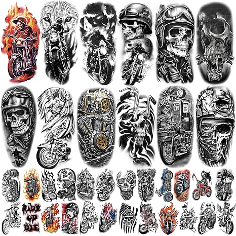 77 Sheets Motorcycle Temporary Tattoo for Women Men, 17 Sheets Half Arm Large Wing Skull Flowers Fake Tattoos, 60 Sheets Black Tiny for Adult Kids Party Body Tattoos Stickers Realistic - sugar skull temporary tattoo