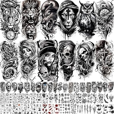 72 Sheets Halloween Temporary Tattoos for Men Women Adults - Black 3D Realistic Scary Animals Skulls Scars, Fake Tattoos Set for Cosplay Arm Sleeve Neck, Waterproof Long-Lasting Body Tattoo Sticker - sugar skull temporary tattoo