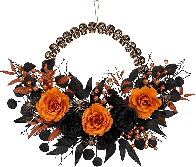 Halloween Wreath for Front Door 26" Black and Orange Peonies with Skull Base for Fall Autumn Indoor Window Door Thanksgiving Halloween Decorations - sugar skull wreath for front door