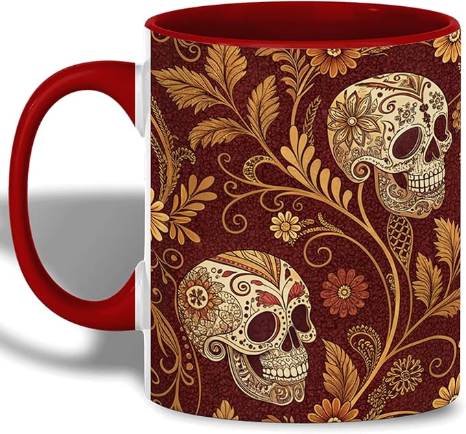 Elegant Sugar Skull Floral Mug, Vintage Skull Coffee Cup with Golden Baroque Flowers, Gothic Ceramic, Gift for Dark Art Lovers and Dia de los Muertos Fans, 11oz - sugar skull coffee cup