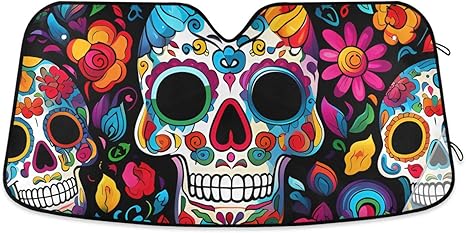 ALAZA Sugar Skull Day of Dead Car Windshield Sun Shade Front Window Sunshade Cover Foldable Sun Shield Visor, 53x23.5 inch - sugar skull car sunshade for windshield