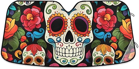 ALAZA Sugar Skull Floral Day of Dead Car Windshield Sun Shade Front Window Sunshade Cover Foldable Sun Shield Visor, 53x23.5 inch - sugar skull car sunshade for windshield
