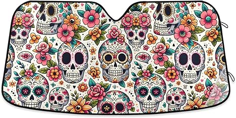 ALAZA Sugar Skull Day of Dead Flower Car Windshield Sun Shade Front Window Sunshade Cover Foldable Sun Shield Visor, 53x23.5 inch - sugar skull car sunshade for windshield
