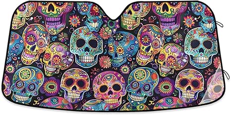 ALAZA Sugar Skulls Day of Dead Car Windshield Sun Shade Front Window Sunshade Cover Foldable Sun Shield Visor, 57x31.5 inch - sugar skull car sunshade for windshield