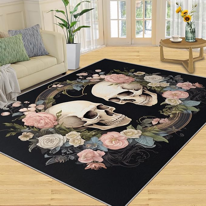Floral Skull Girls Area Rug & Home Decor - Washable Rug 8x10 - Sugar Skull Area Rugs for Bedroom - Day of Dead Carpet - Non Slip Soft Indoor Area Rugs for Living Room - Day of Dead Room Decor - sugar skull area rug