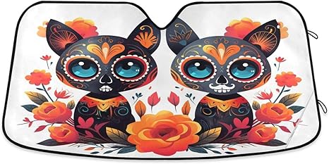 ALAZA Sugar Skull Cat Day of Dead Car Windshield Sun Shade Front Window Sunshade Cover Foldable Sun Shield Visor, 55x27.6 inch - sugar skull car sunshade for windshield