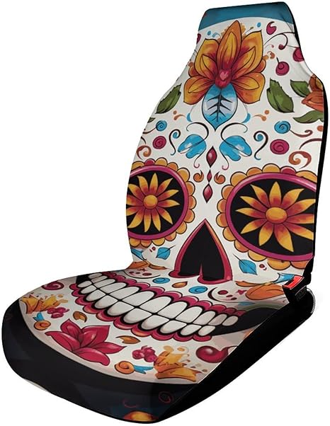 Breathable Car Seat Cover Colorful Sugar Skull Car Front Seat Protector with Elastic Band Edge Auto Seats Cushions Cars Interior Accessories Fit SUV Sedan Van Truck 1PCS - sugar skull car seat covers set