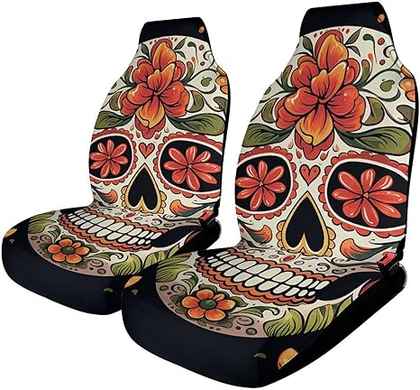 Breathable Car Seat Cover Colorful Sugar Skull Car Front Seat Protector with Elastic Band Edge Auto Seats Cushions Cars Interior Accessories Fit SUV Sedan Van Truck 2PCS - sugar skull car seat covers set