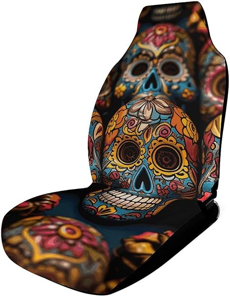 Breathable Car Seat Cover Colorful Sugar Skulls Car Front Seat Protector with Elastic Band Edge Auto Seats Cushions Cars Interior Accessories Fit SUV Sedan Van Truck 1PCS - sugar skull car seat covers set