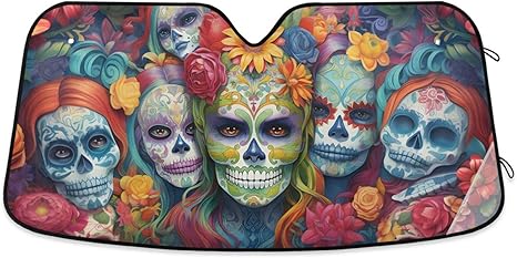 ALAZA Sugar Skulls Day of Dead Car Windshield Sun Shade Front Window Sunshade Cover Sun Shield Visor, 57x31.5 inch - sugar skull car sunshade for windshield