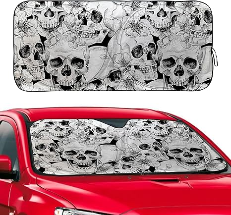 Gothic Skull Windshield Sunshade for Car SUV Truck Foldable Uv Ray Reflector Front Window Sun Shade Visor Shield Cover -59" X 31" - sugar skull car sunshade for windshield