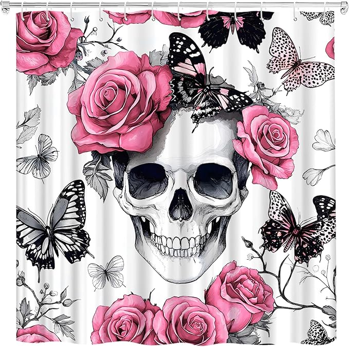 Gothic Skull Floral Shower Curtain Pink Funny Human Skeleton Butterfly Rose Flower Halloween Women Unique Scary Spooky Horror Shower Curtains Set Bathroom Polyester Fabric Hooks (70" W x 70" L) - sugar skull shower curtain set