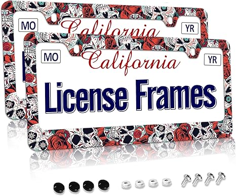 Stainless Steel Sugar Skull License Plate Frame Skull License Plate Holder Sugar Skull Car Accessories Day of The Dead Frame Witchy License Plate Frame for Women 12.3" X 6.3" - sugar skull plates set