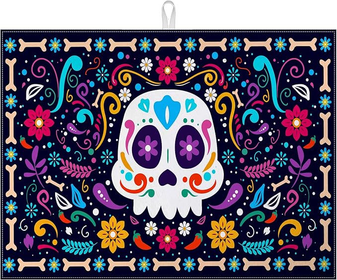 Sugar Skull Dish Drying Mat for Kitchen Counter Microfiber Absorbent Dish Day of the Dead Kitchen Drying Mat Draining Reusable Washable for Dishes/Utensils/Counterto - sugar skull apron for women