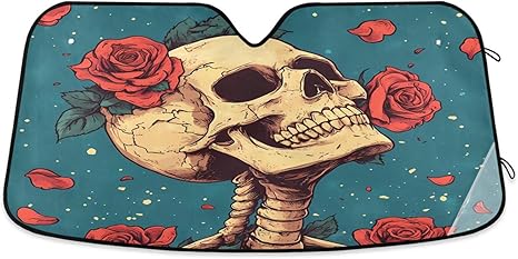 Skeleton Rose Skull Sugar Black Windshield Sunshade Car Sun Shade Front Window Shade for Truck SUV Blocks UV Rays Sun Reflector Visor Protector Accordion Folding - sugar skull car sunshade for windshield