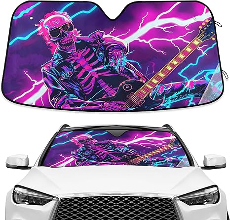 Neon Skeleton Rock Skull Windshield Sunshade Car Sun Shade Front Window Shade for Truck SUV Blocks UV Rays Sun Reflector Visor Protector Accordion Folding - sugar skull car sunshade for windshield