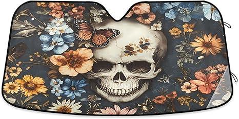 Skeleton Flower Skull Sugar Black Windshield Sunshade Car Sun Shade Front Window Shade for Truck SUV Blocks UV Rays Sun Reflector Visor Protector Accordion Folding - sugar skull car sunshade for windshield