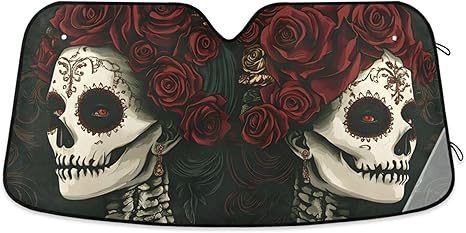 Skeleton Woman Rose Skull Sugar Black Windshield Sunshade Car Sun Shade Front Window Shade for Truck SUV Blocks UV Rays Sun Reflector Visor Protector Accordion Folding - sugar skull car sunshade for windshield