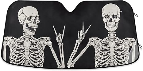 Funny Skeleton Skull Sugar Black Windshield Sunshade Car Sun Shade Front Window Shade for Truck SUV Blocks UV Rays Sun Reflector Visor Protector Accordion Folding - sugar skull car sunshade for windshield