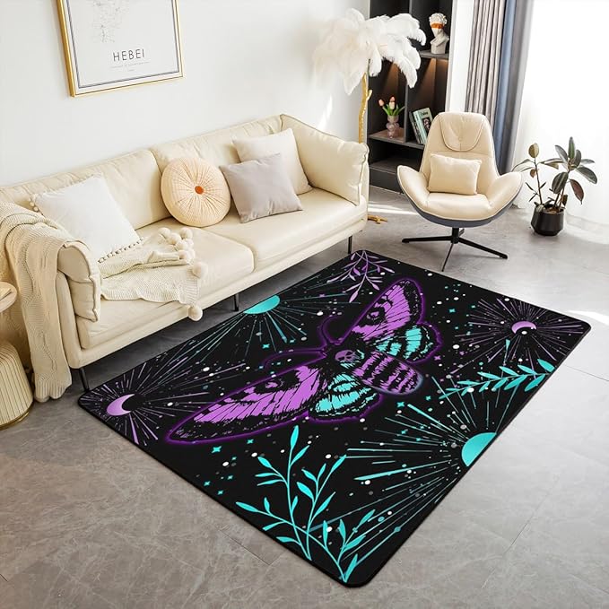 Erosebridal Skull Gothic Moth Area Rug 4'11" x 3'3" Sugar Skull Living Room Rugs for Men Women Abstract Geometric Leaves Black Purple Blue Horror Decorative Carpet Non Slip Washable Indoor Floor Mat - sugar skull area rug