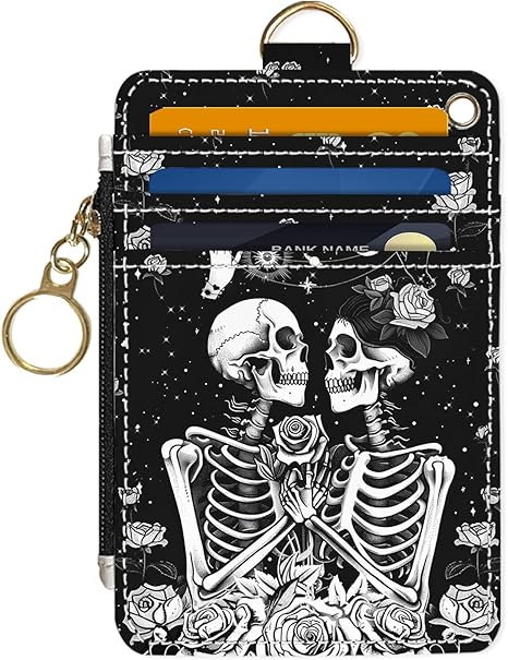 Slim Wallet Credit Card Holder, Skeletons and Flowers, RFID Wallet Women Cute Small Front Pocket Wallet With Zipper, PU Leather Thin travel RFID Blocking Card Case ID Window,Ladies Gifts - sugar skull wallets for women