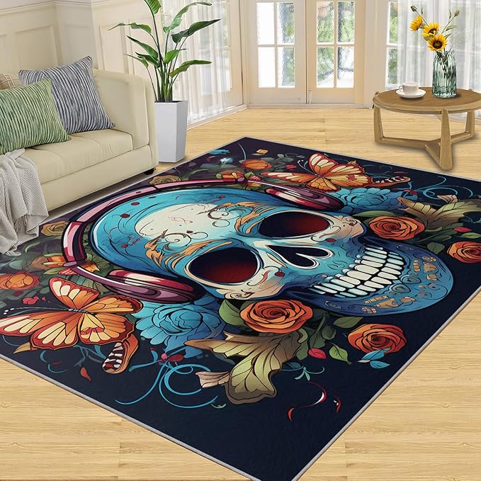 Sugar Skull Rug, Hippie Music Skull Design - 3x5 Washable & Non Slip Rugs for Bathroom, Resistant Spooky Halloween Indoor Carpet for High Traffic Areas, Skeleton Horror Theme Floor Decor - sugar skull area rug