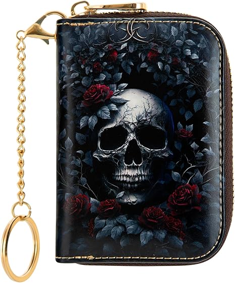 Womens Leather Wallet RFID Blocking Credit Card Holder Zipper Card Case for Ladies Girls (Rose skull) - sugar skull wallets for women