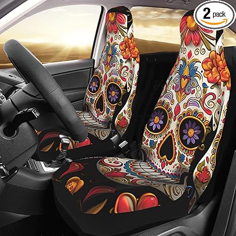2 Pcs Car Seat Cover Soft Comfy Front Seat Protector Cover Washable Breathable Seat Covers for Cars Sugar Skulls Vehicle Seats Cushion Pad Universal Fit for Most SUV Sedan Truck - sugar skull car seat covers set