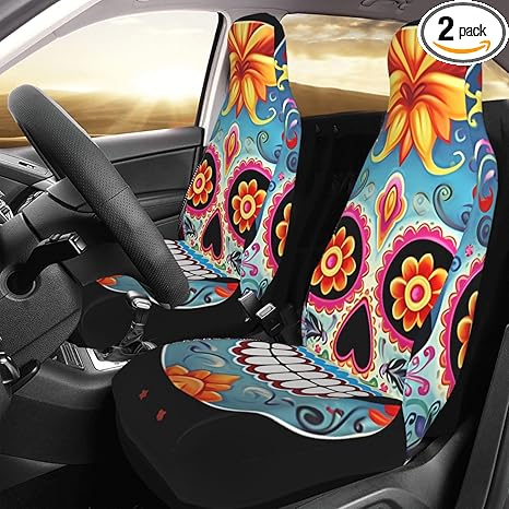 2 Pcs Car Seat Cover Soft Comfy Front Seat Protector Cover Washable Breathable Seat Covers for Cars Sugar Skulls Vehicle Seats Cushion Pad Universal Fit for Most SUV Sedan Truck - sugar skull car seat covers set