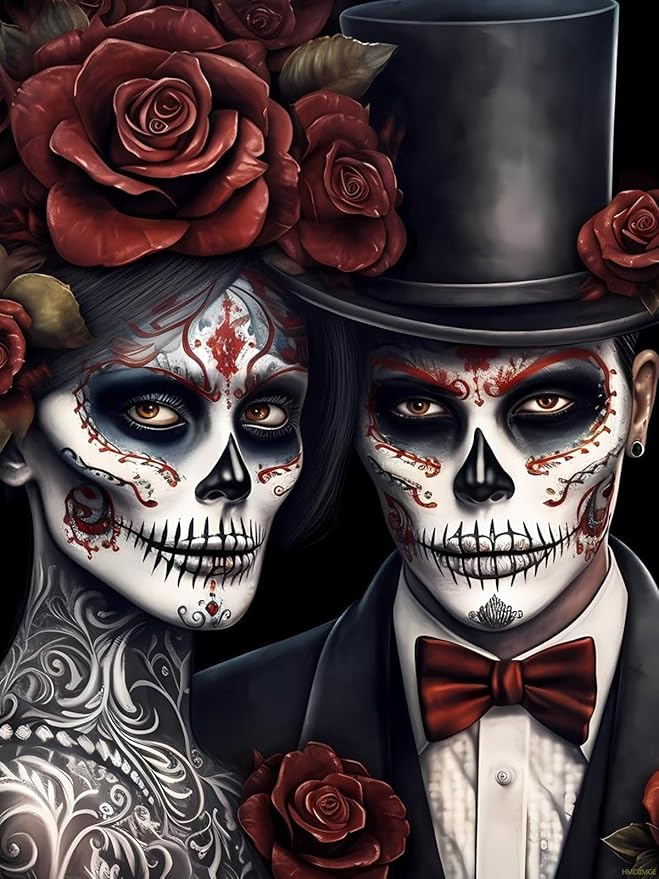 HMDIIMGE DIY The Skeleton Couple Diamond Painting Sugar Skull Woman Paint by Numbers for Adult Full Round Diamond Art Kits for Room Decor Living Room Decor 12x16 inch - sugar skull canvas wall art