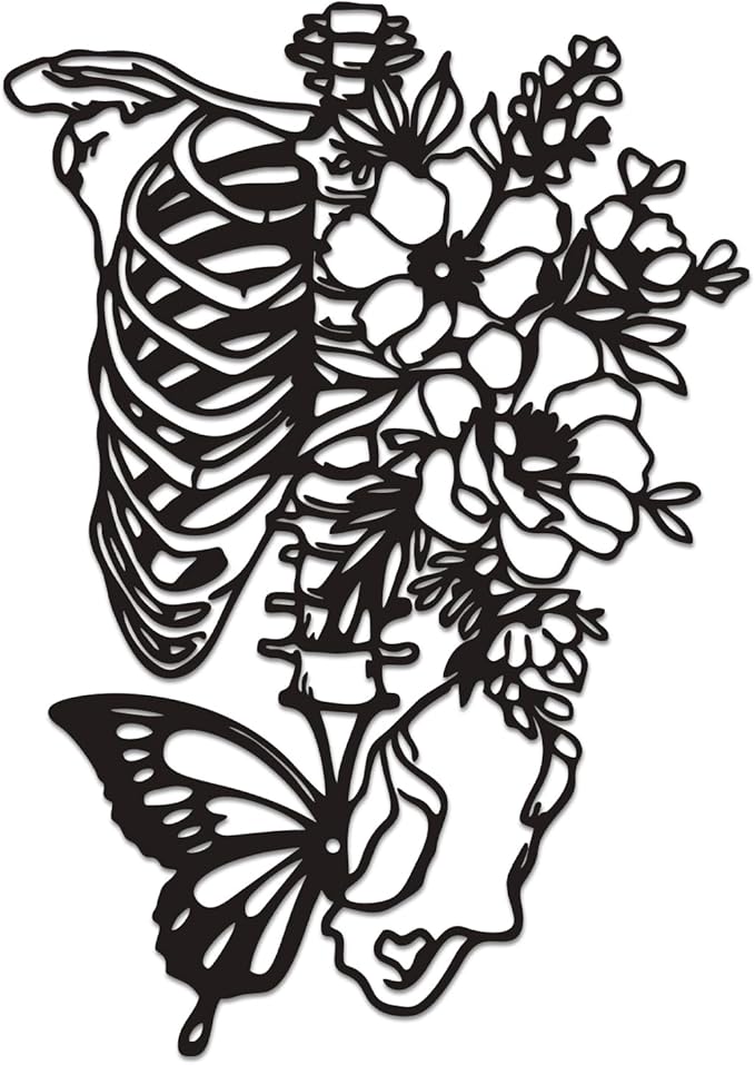 Rajukit Skull Wall Decor & Metal Butterfly Art - Gothic Skeleton Decor with Flowers, Eclectic Wall Sculpture for Bedroom & Outdoor Gothic Decor, Halloween Gifts - sugar skull canvas wall art
