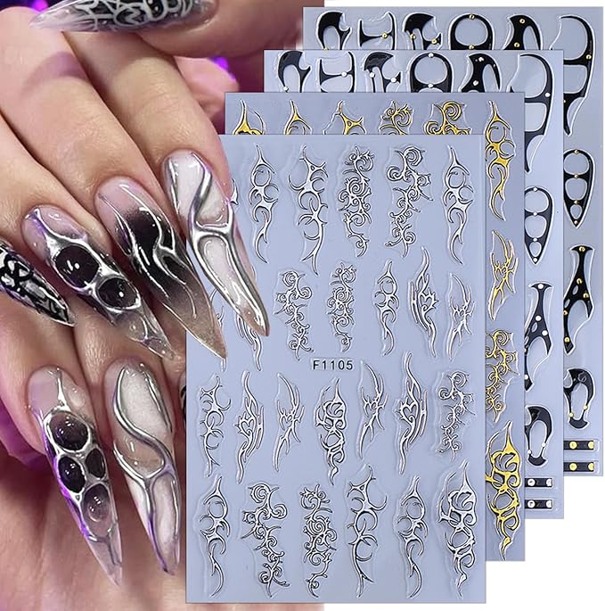 8 Sheets Gothic Nail Stickers for Nail Art Black Punk Belt Nail Decals 3D Self-Adhesive Gold Silver Line Nail Art Stickers Retro Punk Style Thorns Flame Lines Nail Design Decals for Women DIY Nails - sugar skull nail art