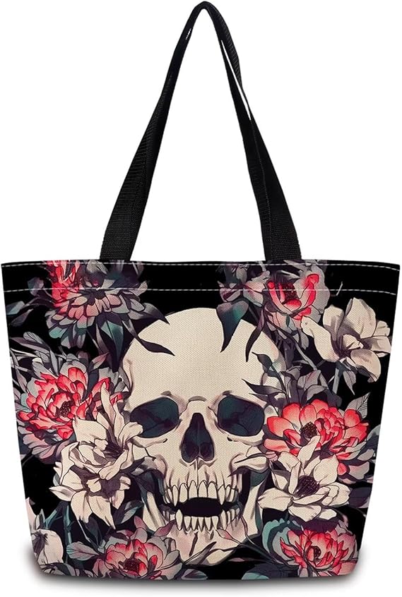 Floral Skull Tote Bag Reusable Grocery Bags Cute Aesthetic Shopping Shoulder Handbag with Interior Zipper Pocket Lightweight & Washable Stylish Floral Skull Present for Women - sugar skull handbags for sale