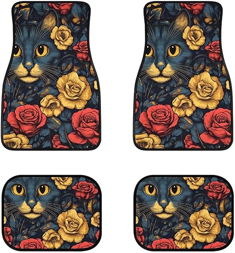 Delerain Colorful Sugar Skull Cat 4-Piece Car Floor Mats Front and Rear Rubber Backing Carpet, Auto Foot Mats All Weather Universal Fit Car Decor Accessories Fit for SUV, Vans, Sedans, Trucks - sugar skull car floor mats