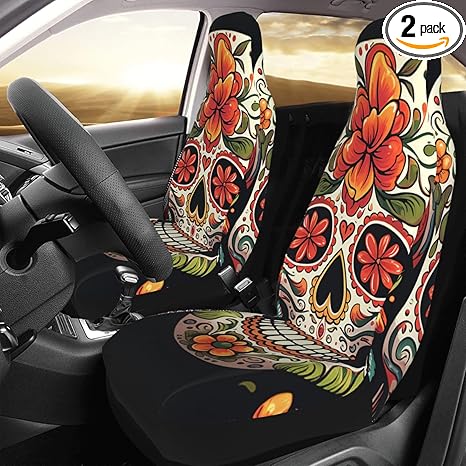 2 Pcs Car Seat Cover Soft Comfy Front Seat Protector Cover Washable Breathable Seat Covers for Cars Colorful Sugar Skull Vehicle Seats Cushion Pad Universal Fit for Most SUV Sedan Truck - sugar skull car seat covers set