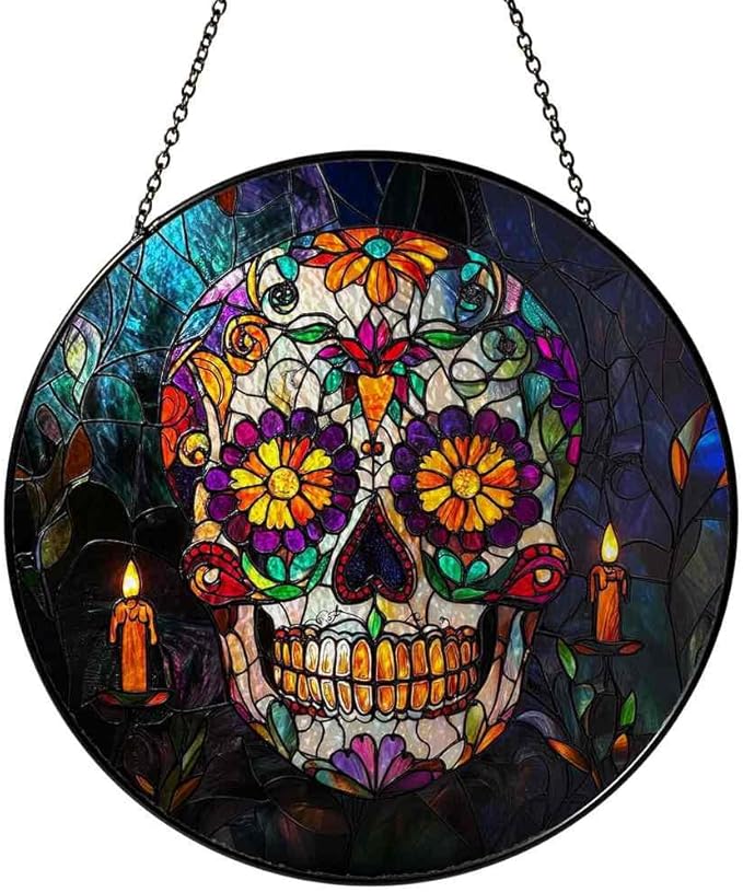 Stained Glass Sugar Skull Ornaments Suncatcher - Sugar Skull Decor Gifts for Women Men Animal Lovers - Window Hanging Decorations for Home Wall Kitchen - Christmas Birthday Housewarming Gift - sugar skull christmas ornament