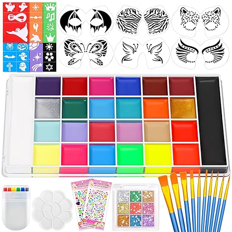 Professional Face Painting Kit, 26 Colors Oil Palette Face Paint with 6 Stencils, 41 Stencil Stickers, 10 Brushes, 9 Body Glitter, 2 Sheets Adhesive Gems, Rainbow Facepaint for Kids Party & Halloween - sugar skull makeup kit