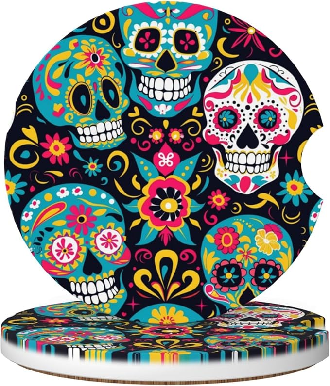 Famame 2 Pcs Colorful Green Sugar Skulls Ceramic Car Coasters Anti-Slip Absorbent Coaster Sets for Drinks Car Decor Auto Accessories - sugar skull coasters set