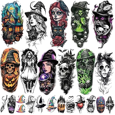 77 Sheets Witch Temporary Tattoos Women Men Adults, Skeleton Death Skull Pointed Black Hats Brooms Cauldrons Black Cats Half Arm Halloween Fake Tattoo, Bat Scary Tattoos for Halloween Costume - sugar skull temporary tattoo