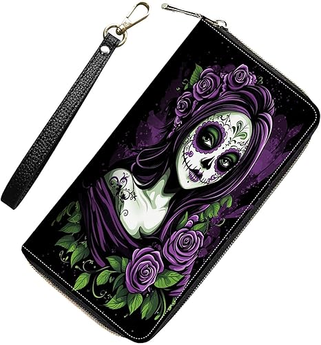 Womens Wallet,RFID Blocking Large Capacity Clutch,Zip Around Leather Purse with 8 Card Slots,Bill Compartments Coin Pocket - Day of the Dead Sugar Skull Women - sugar skull wallets for women