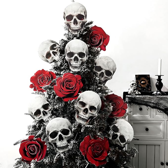 Halloween Decorations Indoor: 14pcs Large Spooky Skull Dark Red Rose Tree Picks, Scary Realistic Halloween Skeleton Floral Ornaments for Tree Topper Kids Home School Office Vase Décor - sugar skull christmas ornament