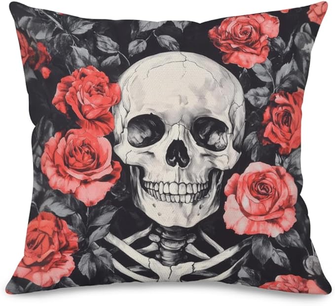 Skull and Roses Sugar Flowers Skeleton Black Double-Sided White Linen Decorative Pillow Cover (18 x 18 Inches), Gothic Floral Throw Cushion Case for Spring, Halloween, All Saints Day, Sofa Decor - sugar skull throw pillow