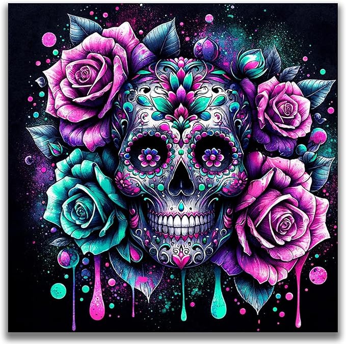 Benjenes Diamond Art Kits for Adults, Sugar Skull Diamond Painting Kits for Adults, 5D DIY Round Drill Gem Art Paint with Diamonds Dots Crafts Kits for Home Decor Gift 14x14inch - sugar skull canvas wall art