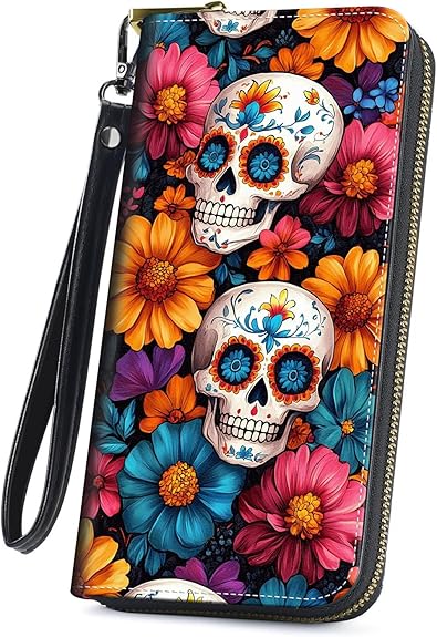 Cute Wallets for Women Girls, Large Capacity PU Leather RFID Blocking Clutch Purse with Wristlet - sugar skull wallets for women