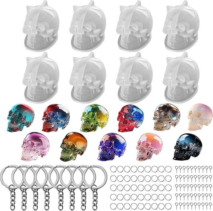 Resin Skull Molds, 8 PCS Flexible Clear Silicone Molds with Key Ring Accessory, 3D Skull Head Molds for Candle Making, Home Decor & Halloween Decoration - sugar skull nail art