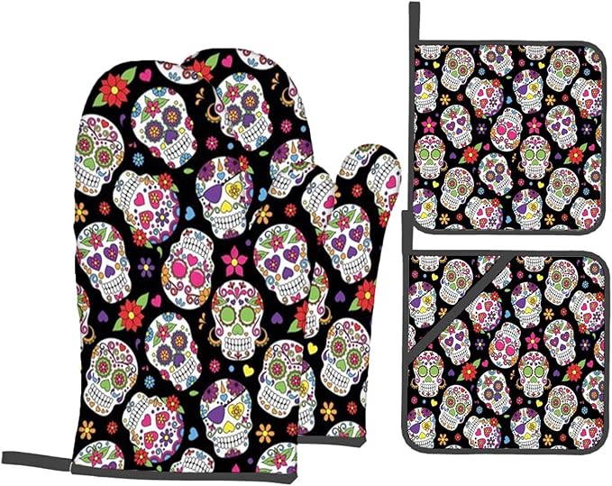 Sugar Skull,Oven Mitts,BBQ Gloves Heat Resistant,Sugar Skull Mexico Design,1 Pair Oven Mitts,Cooking Gloves for Cooking Baking Kitchen,Multicolor,4-Piece Set - sugar skull oven mitts